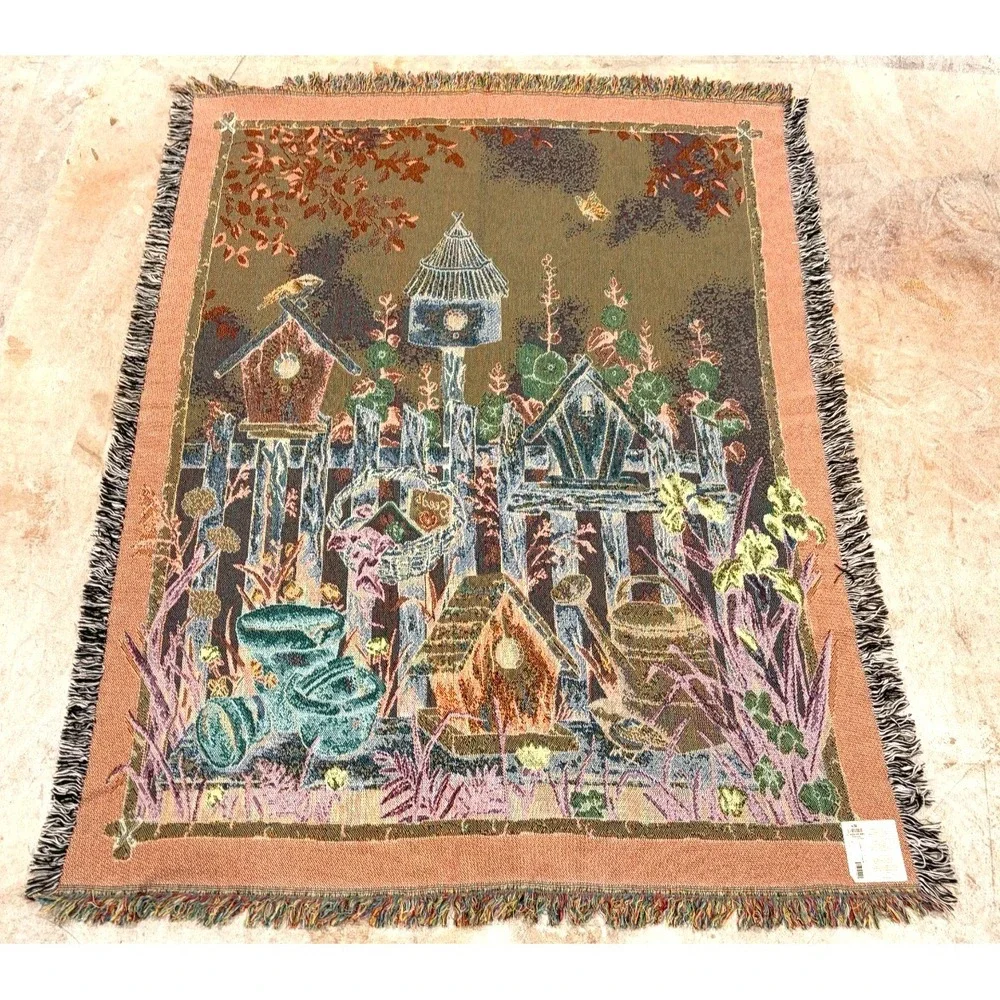 Vintage Birdhouse Garden Woven Throw Blanket Tapestry Afghan 53x69 Cotton USA